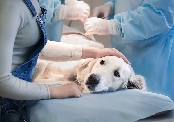 Ill retriever in veterinary clinic.